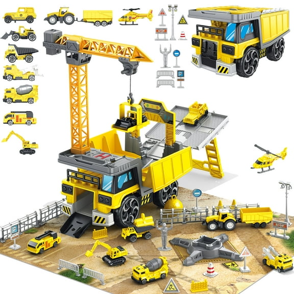 Frontoytall Construction Vehicles Track Set with Excavator, Dump Truck, Cement Truck, Wheel Loader & Rotating Crane, Car Carrier for Storage, STEM Building Toy for Kids Ages 3-12