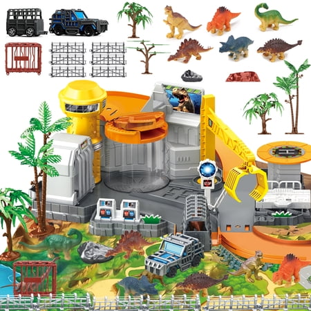 Frontoytall Dinosaur Toys Playset, Vehicles Construction Track Set with Map, Realistic Dinosaurs Figures, Parking Barrier, Crane & Cars, Educational STEM Learning for Kids Ages 3-12