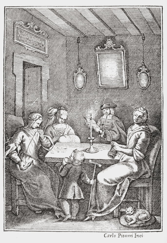 Frontspiece Of The 1742 Bolognese Edition Of The Pentamerone Of Giambattista Basile Showing The Chiaqlira Reading The Tales To A Sewing Party Canvas Art - Ken Welsh Design Pics (11 x 17)