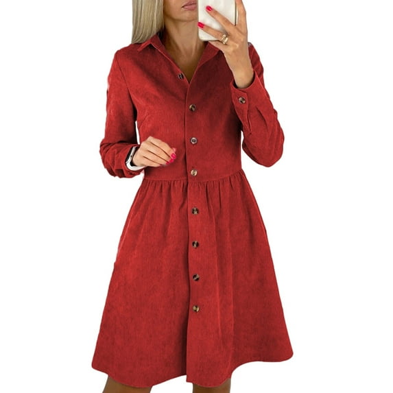 Frontwalk Autumn Loose Button-up Dress Women Corduroy Shirt Dress Casual Loose Tunic Dresses Buttons Swing Dress