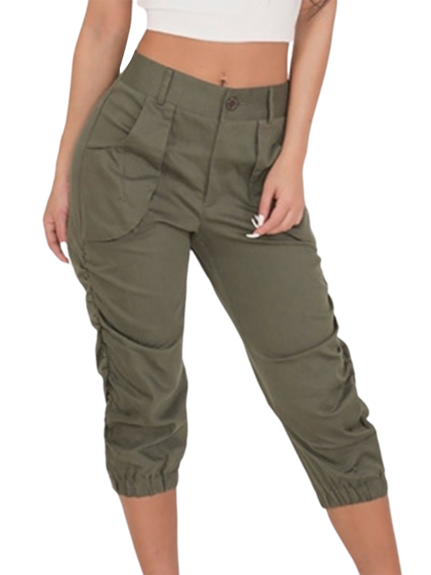 Frontwalk Beach Crop Pants Women High Waist Drawstring Casual Cargo Pants  Summer Holiday Capris Pants with Pockets S-3XL Green XL 