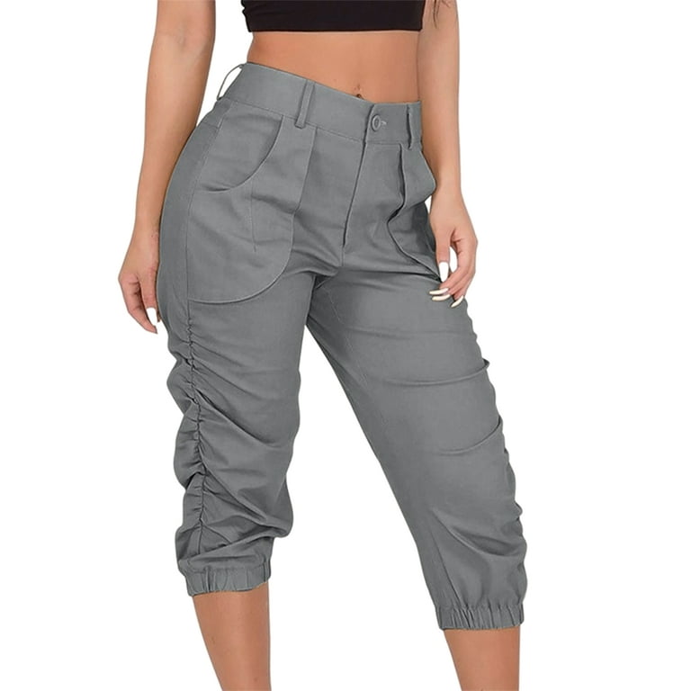 Frontwalk Beach Crop Pants Women High Waist Drawstring Casual Cargo Pants  Summer Holiday Capris Pants with Pockets S-3XL Grey XL