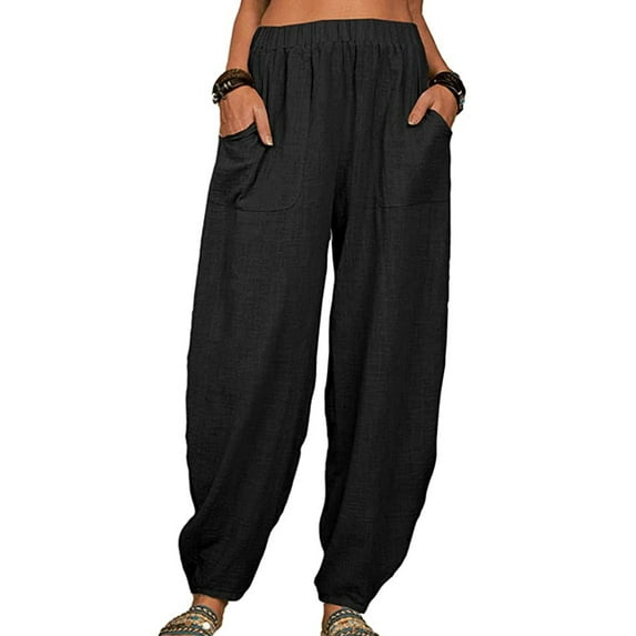 Frontwalk Beach Holiday Baggy Trousers Pants For Women Casual Wide Leg Cotton Linen Trousers Pants Summer Elastic Waist Loungwear Pants Size S-5XL