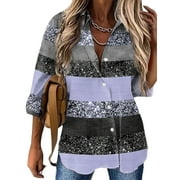 Frontwalk Blouses for Women Casual Button Down Lapel Collar Tops Vintage Loose T-shirt Long Sleeve Beach Shirts Blue 2XL