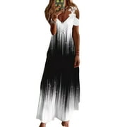 SEXY DANCE Frontwalk Bohemian Long Dress for Women V Neck Kaftan Maxi Dresses Women Cold Shoulder Travel Summer Beach Dress