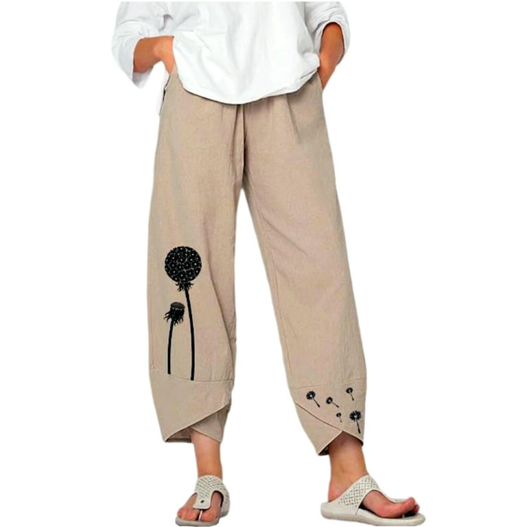 Women's Summer Boho Pants Print Loose Linen Elastic Waist Trousers Ladies  Pocket Wide Leg Cropped Pants
