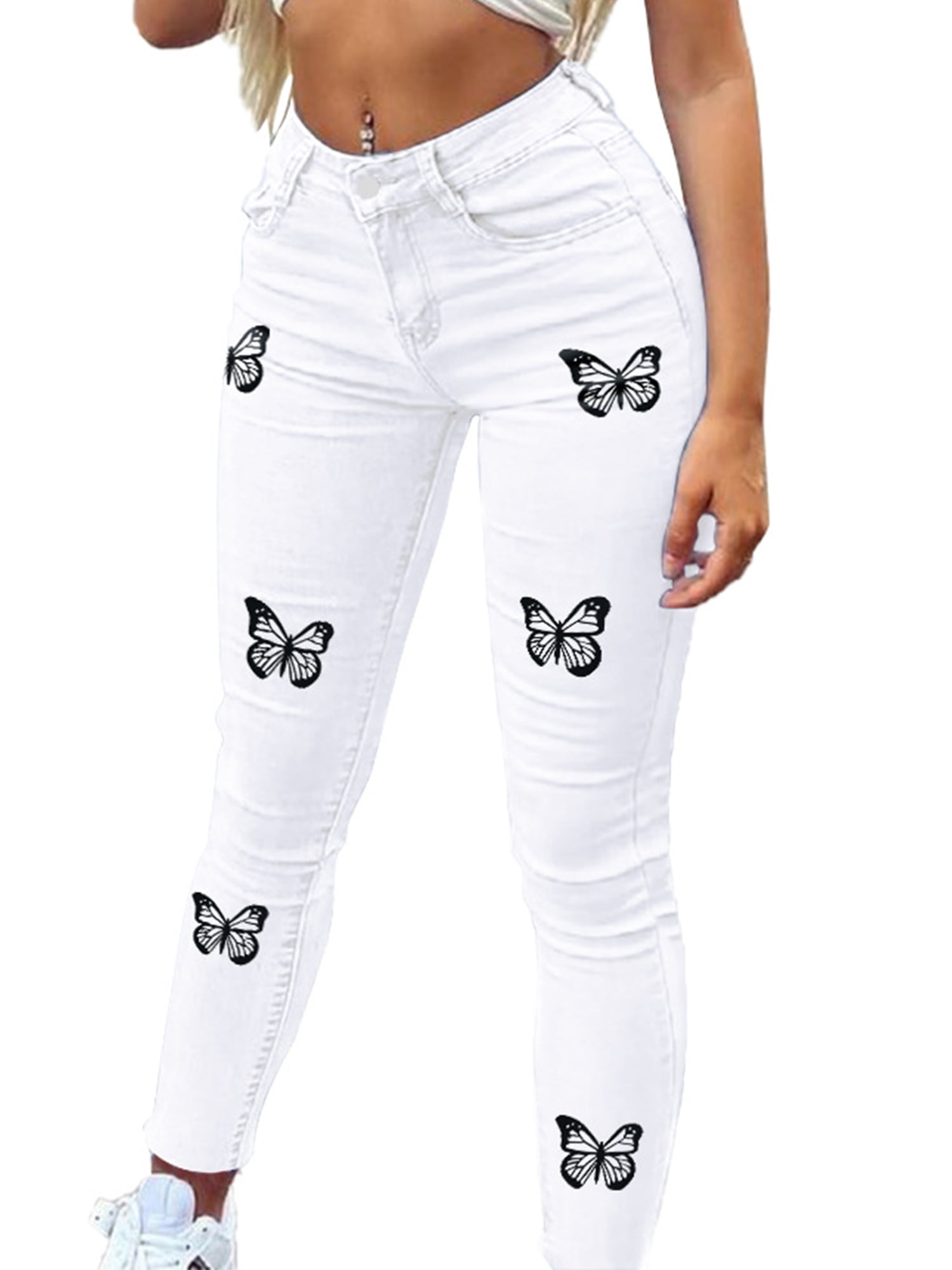 Frontwalk Butterfly Jeans for Teen Girl Fashion Printed Denim Pants Skinny  Stretchy Long Pants with Pockets 