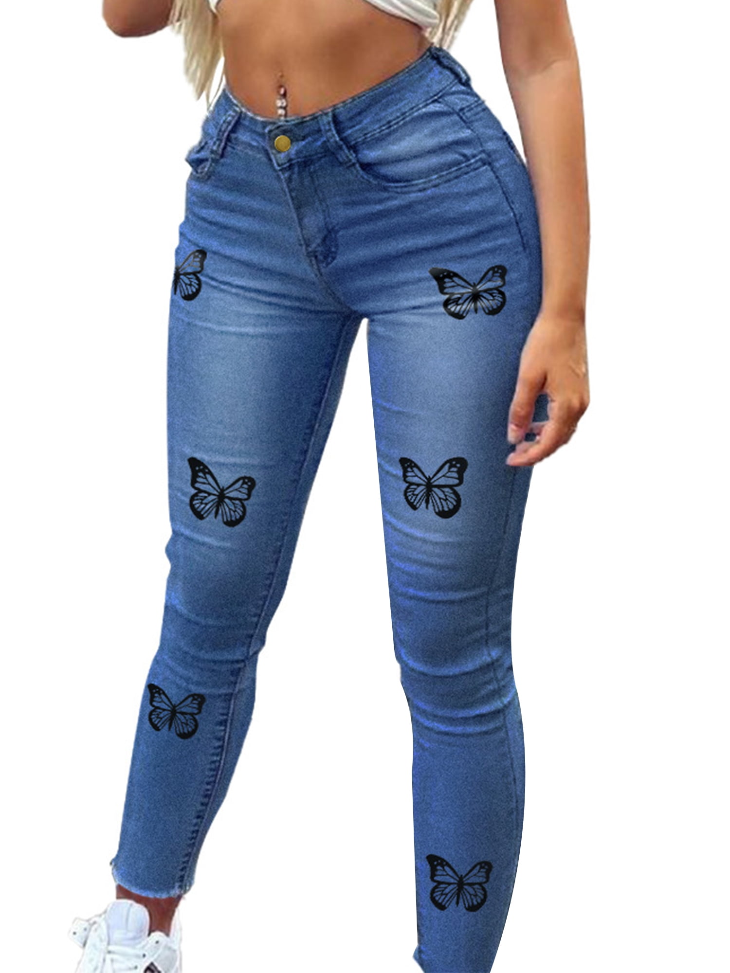 Frontwalk Butterfly Jeans for Teen Girl Fashion Printed Denim Pants Skinny  Stretchy Long Pants with Pockets
