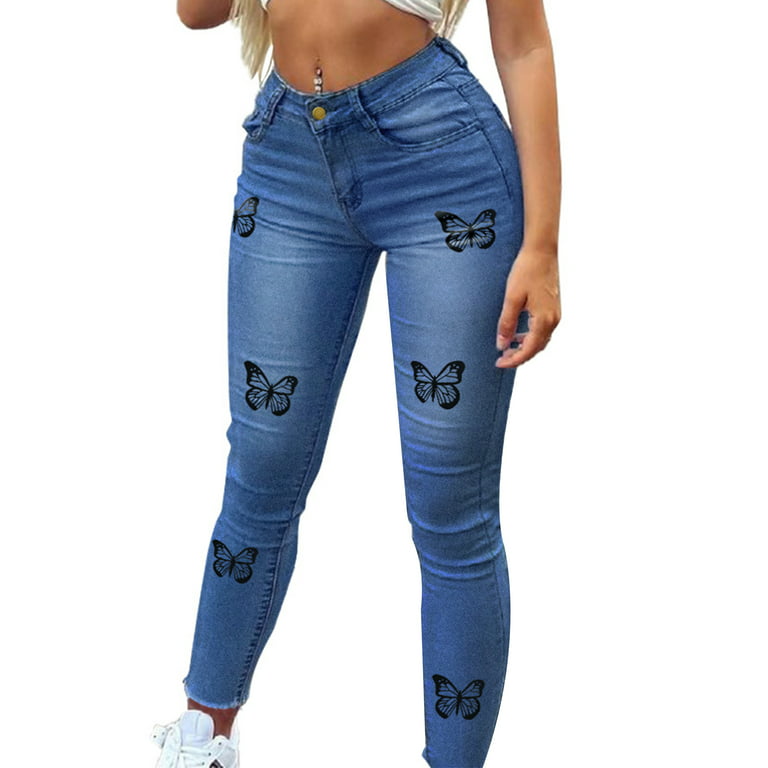 Frontwalk Butterfly Jeans for Teen Girl Fashion Printed Denim