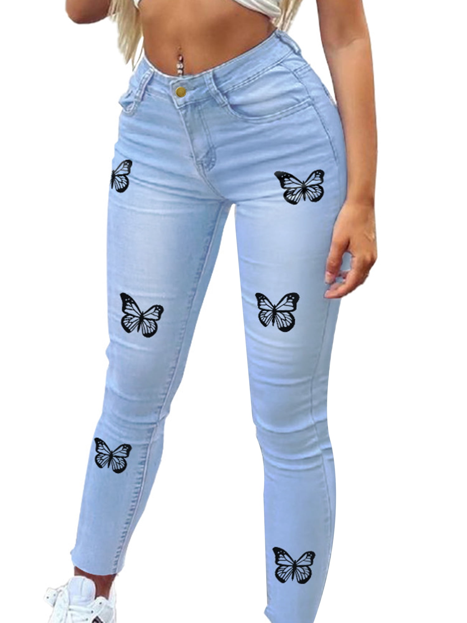 Frontwalk Butterfly Jeans for Teen Girl Fashion Printed Denim