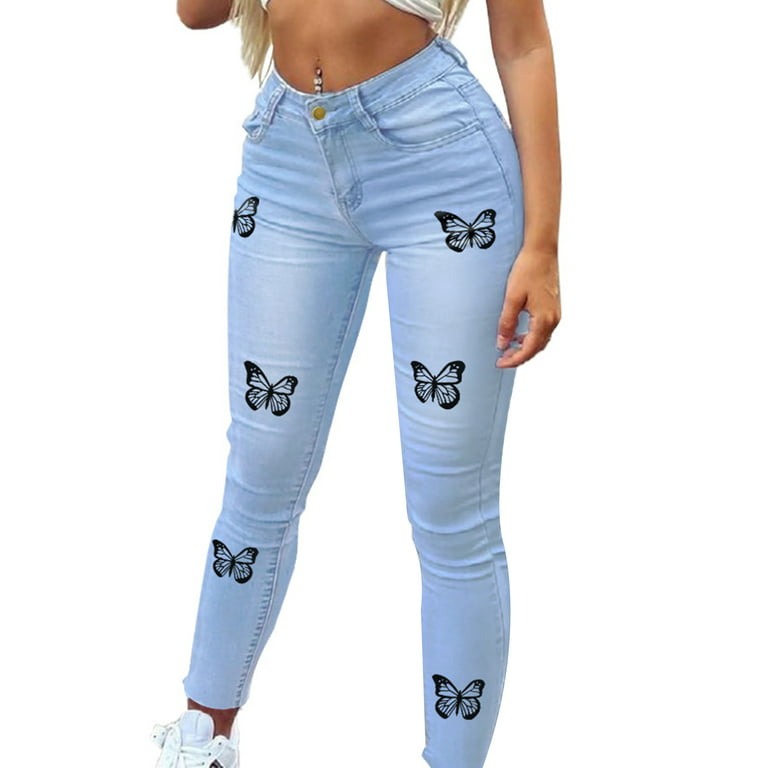 Frontwalk Butterfly Jeans for Teen Girl Fashion Printed Denim Pants Skinny  Stretchy Long Pants with Pockets