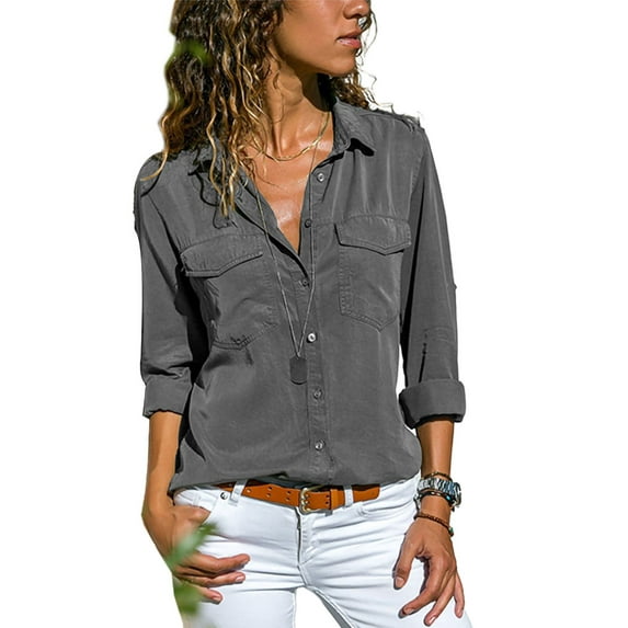 Frontwalk Button Down Shirts for Womens Casual Office Work Plain Tops Plus Size Roll Up Long Sleeve Blouse with Pockets