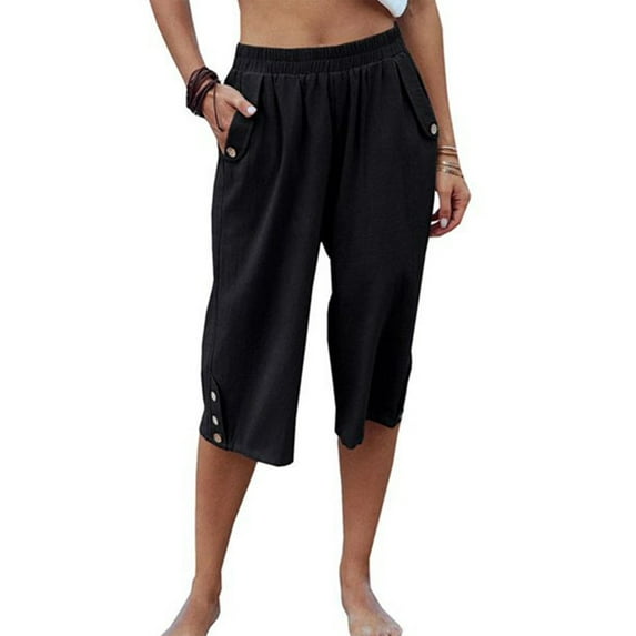 Frontwalk Capris Pants for Women Cotton Linen Casual Lounge Pants Summer Loose Dailywear Palazzo Pants with Pockets Black M