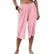 Frontwalk Capris Pants for Women Cotton Linen Casual Lounge Pants Summer Loose Dailywear Palazzo Pants with Pockets Pink S
