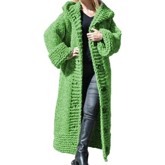 Frontwalk Casual Hooded Sweater Cardigan Knitted Cable Cozy Jumper Button Down Long Hoodies Green L