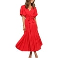 thumbnail image 1 of Frontwalk Casual Midi Dress for Women Short Sleeve V Neck Shirt Dress Tie Waist Ruffle Aline Dress Loose Flowy Pleated Dress, 1 of 4