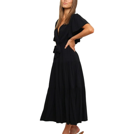 Frontwalk Casual Midi Dress for Women Short Sleeve V Neck Shirt Dress Tie Waist Ruffle Aline Dress Loose Flowy Pleated Dress