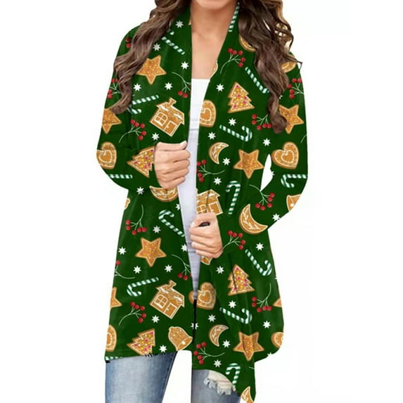 Frontwalk Christmas 2D Print Cardigan for Women Printed Long-Sleeved Christmas Cardigan Loose Outerwear