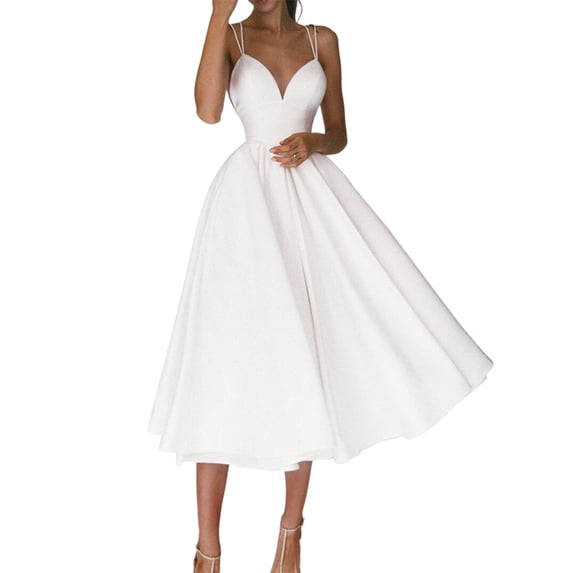 Frontwalk Cocktail Dresses for Women Evening Party Sleeveless Slip Dress Spaghetti Straps Midi Dresses Solid Color V Neck Sexy Dress White M