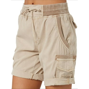 Frontwalk Cotton Linen Beach Shorts For Women High Waist Drawstring Casual Pure Color Shorts Summer Holiday Short Pants with Pockets S-3XL Khaki L