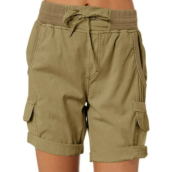 Frontwalk Cotton Linen Beach Shorts For Women High Waist Drawstring Casual Pure Color Shorts Summer Holiday Short Pants with Pockets S-3XL Dark Khaki M