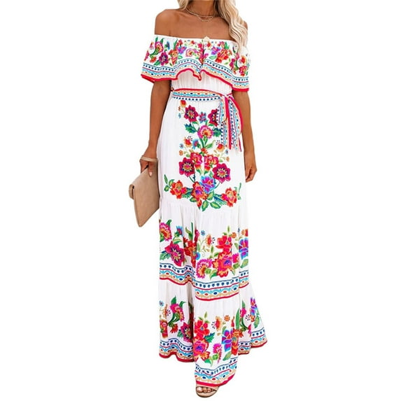 Frontwalk Dresses for Womens Boho Floral Maxi Dress Off Shoulder Summer Long Dress Ruffle Flared Dress Casual Loose Beach Dress