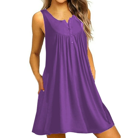 Frontwalk Henley Tunic Tank Dress for Womens Sleeveless Short Sun Dress V Neck Loose Plain Summer Beach Dress with Pockets