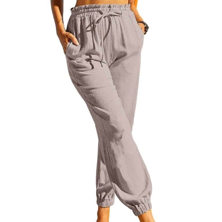 Frontwalk High Waist Linen Pants For Women Drawstring Comfy Capris Pants  Summer Casual Jogger Sweatpants Loungewear Size S-3XL 