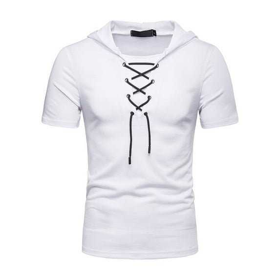 Frontwalk Men Baggy Lace Up T Shirts Plain Casual Summer Tops Mens Short Sleeve Fitness Pullover