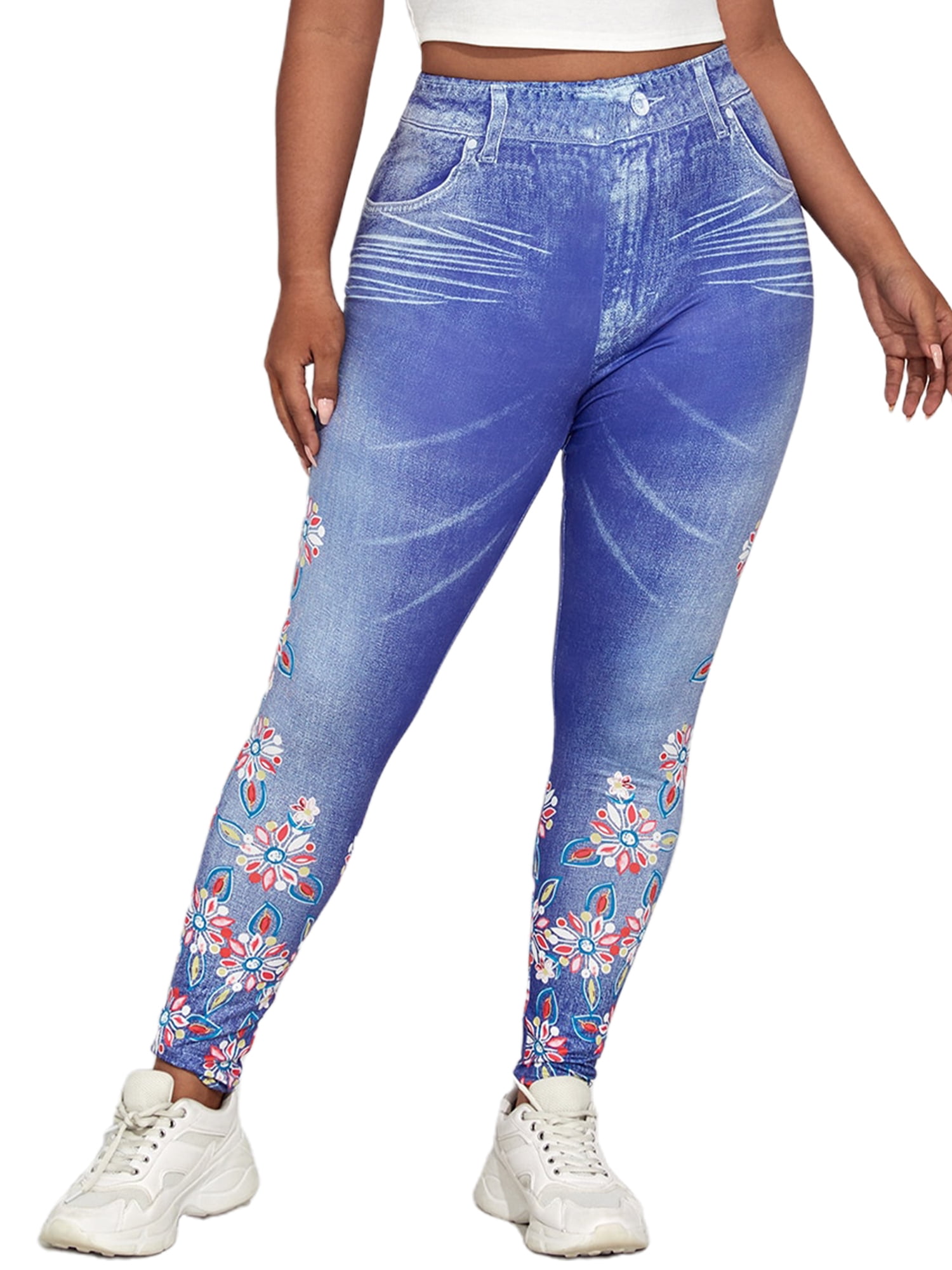 Frontwalk Jean Leggings for Women Plus Size Butterfly Printed Fake Denim  High Waisted Yoga Pants Stretch Faux Jean Look Jeggings Tights Flroal Blue  5XL 