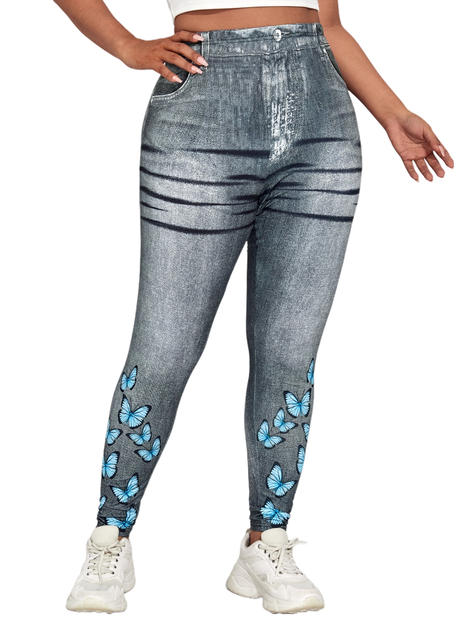 Frontwalk Jean Leggings for Women Plus Size Butterfly Printed Fake Denim  High Waisted Yoga Pants Stretch Faux Jean Look Jeggings Tights Gray Blue 5XL