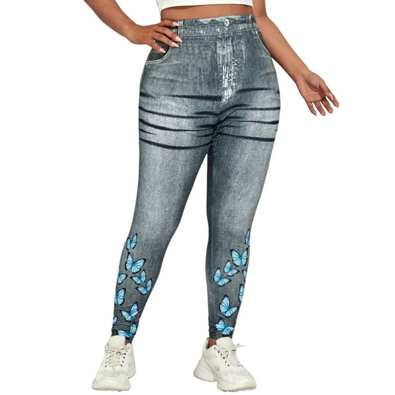 Frontwalk Jean Leggings for Women Plus Size Butterfly Printed Fake Denim High Waisted Yoga Pants Stretch Faux Jean Look Jeggings Tights Gray Blue 5XL