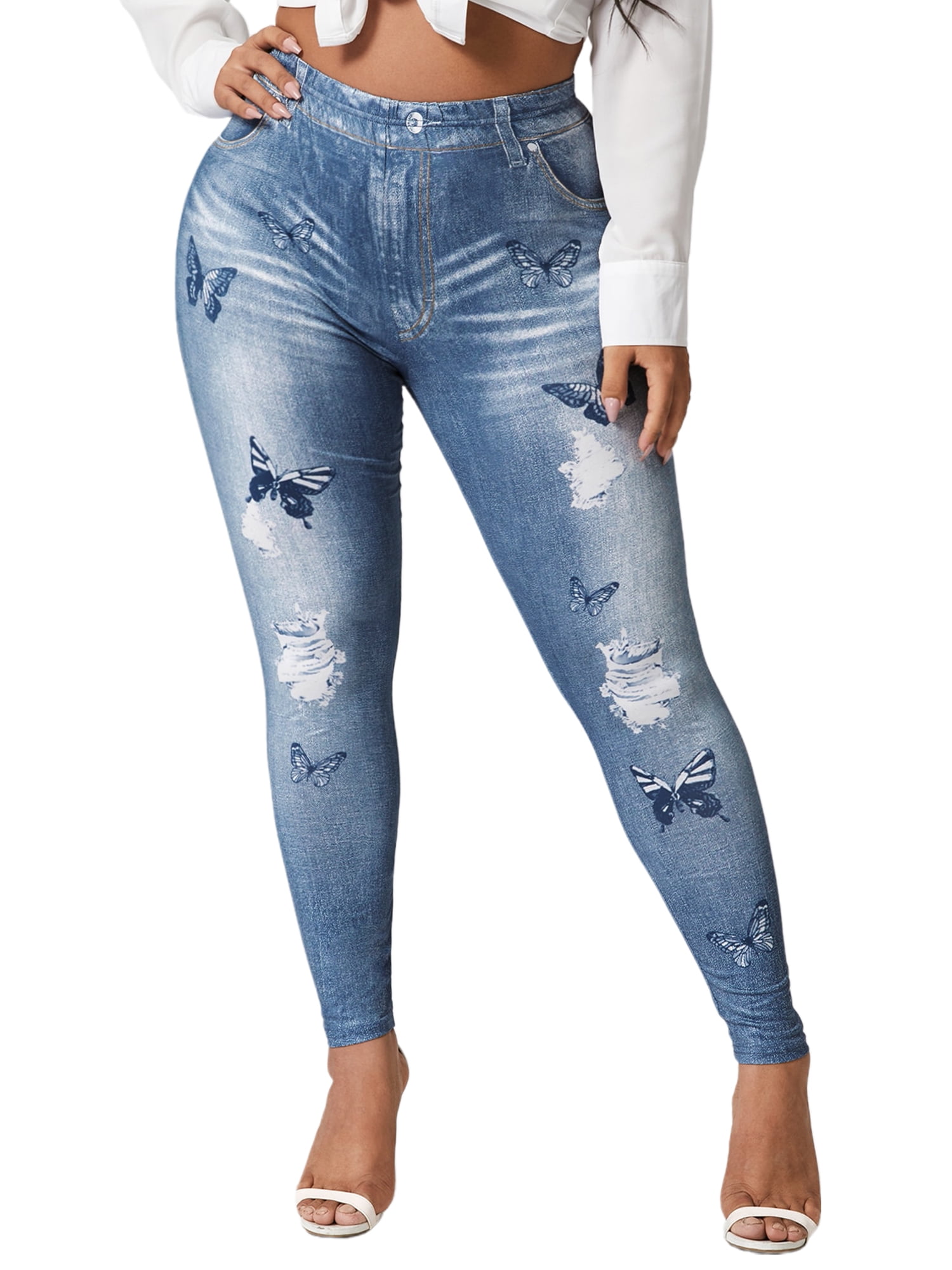 Frontwalk Jean Leggings for Women Plus Size Butterfly Printed Fake Denim  High Waisted Yoga Pants Stretch Faux Jean Look Jeggings Tights Light Blue  5XL