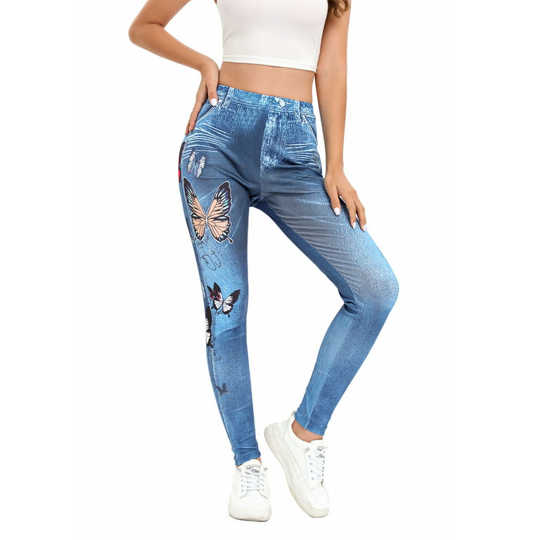 Frontwalk Jean Leggings for Women Printed Denim High Waisted Yoga Pants  Stretch Jean Look Jeggings Tights Blue-A M