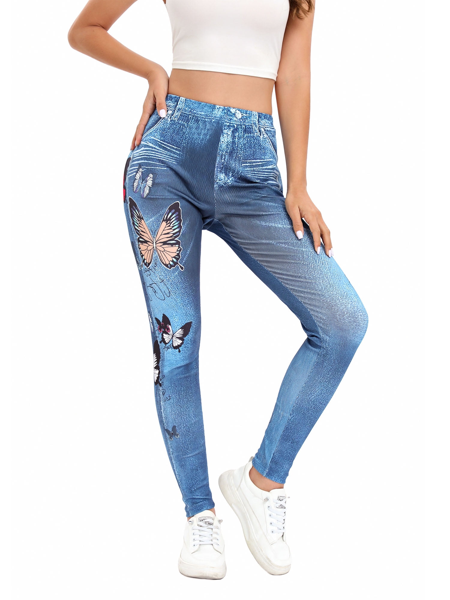 Frontwalk Jean Leggings for Women Printed Denim High Waisted Yoga Pants  Stretch Jean Look Jeggings Tights Blue-D S 