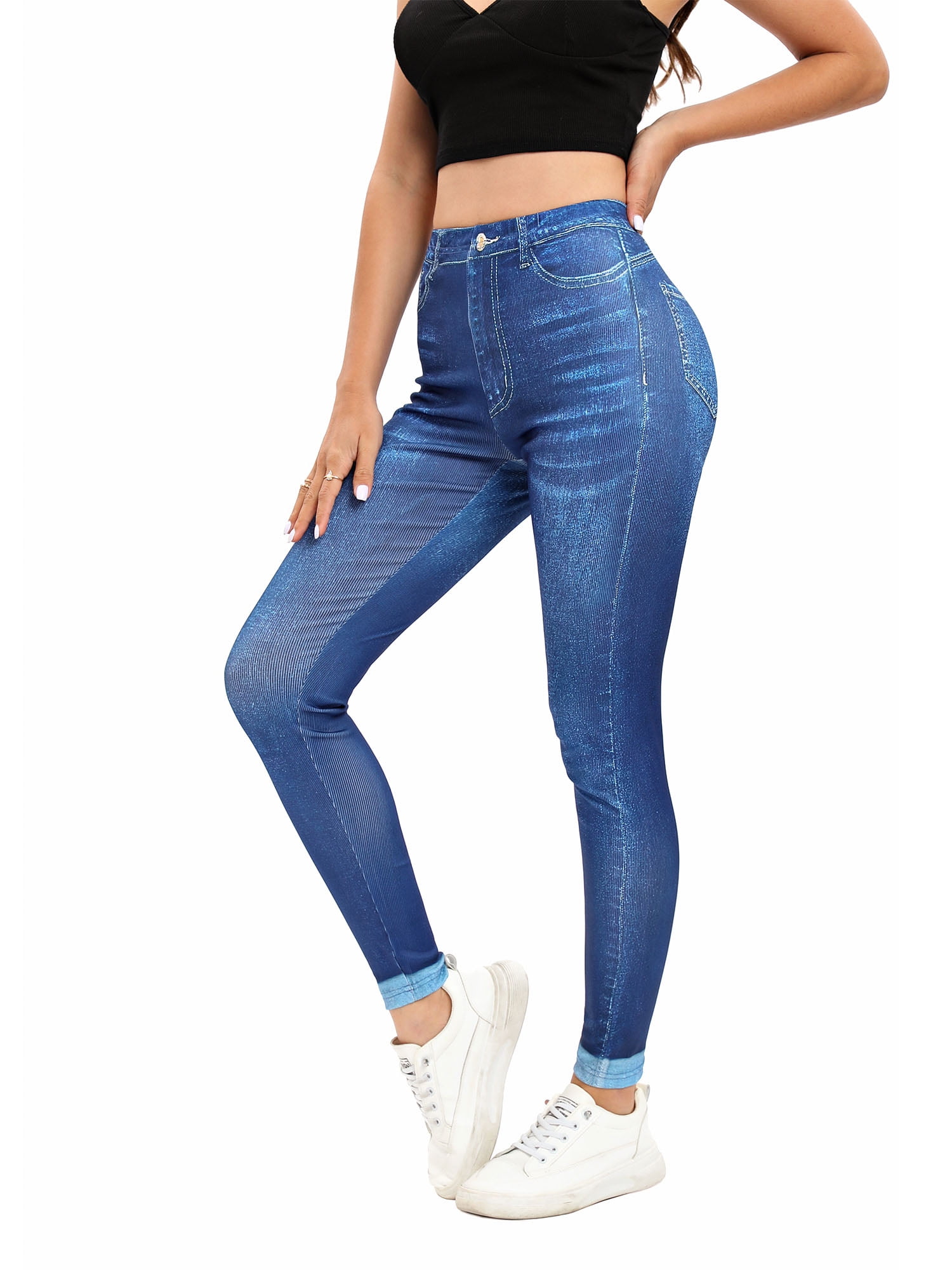 Frontwalk Jean Leggings for Women Printed Denim High Waisted Yoga Pants  Stretch Jean Look Jeggings Tights Blue-B M