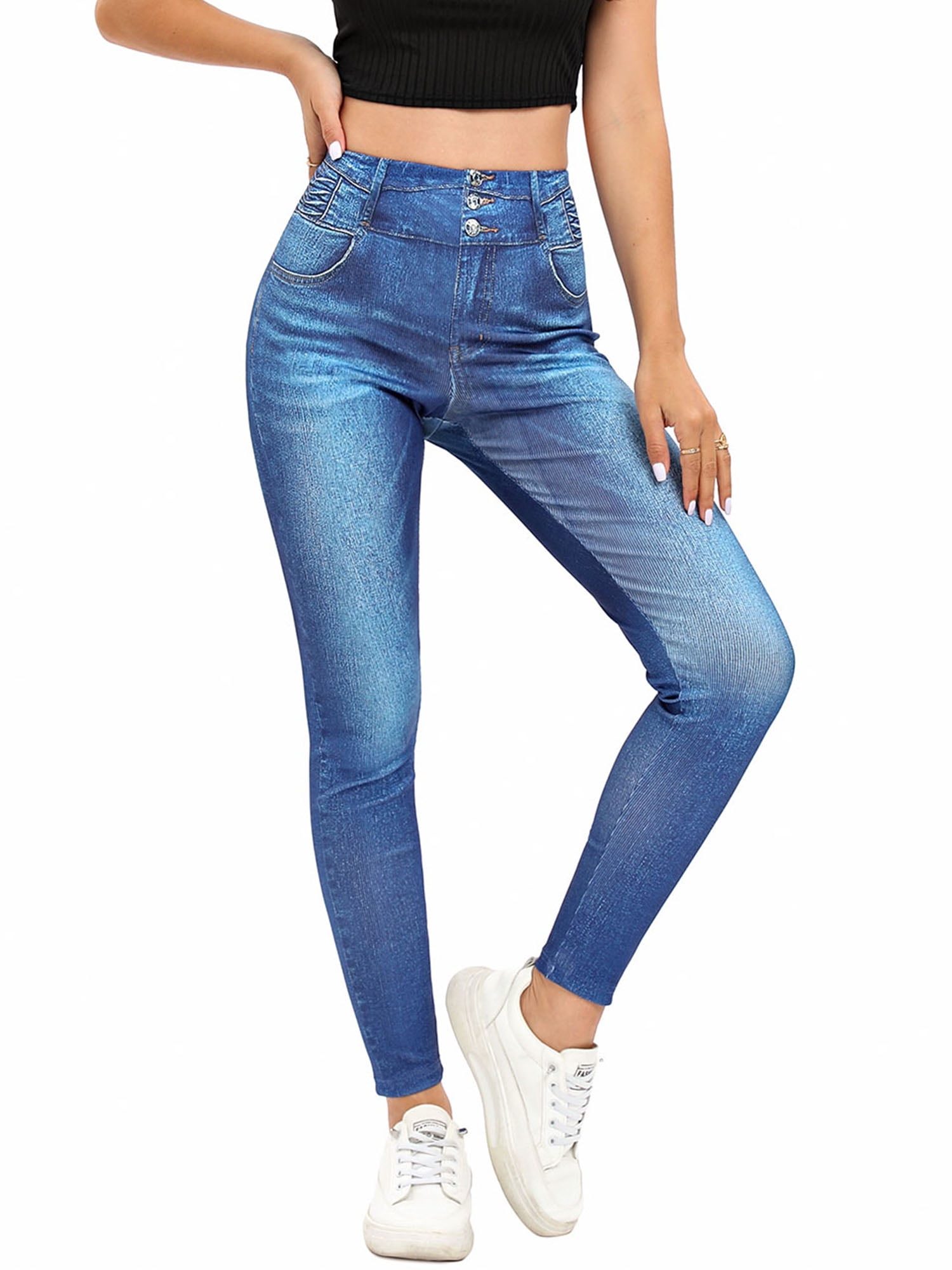 Frontwalk Jean Leggings for Women Printed Denim High Waisted Yoga Pants  Stretch Jean Look Jeggings Tights Blue-D S