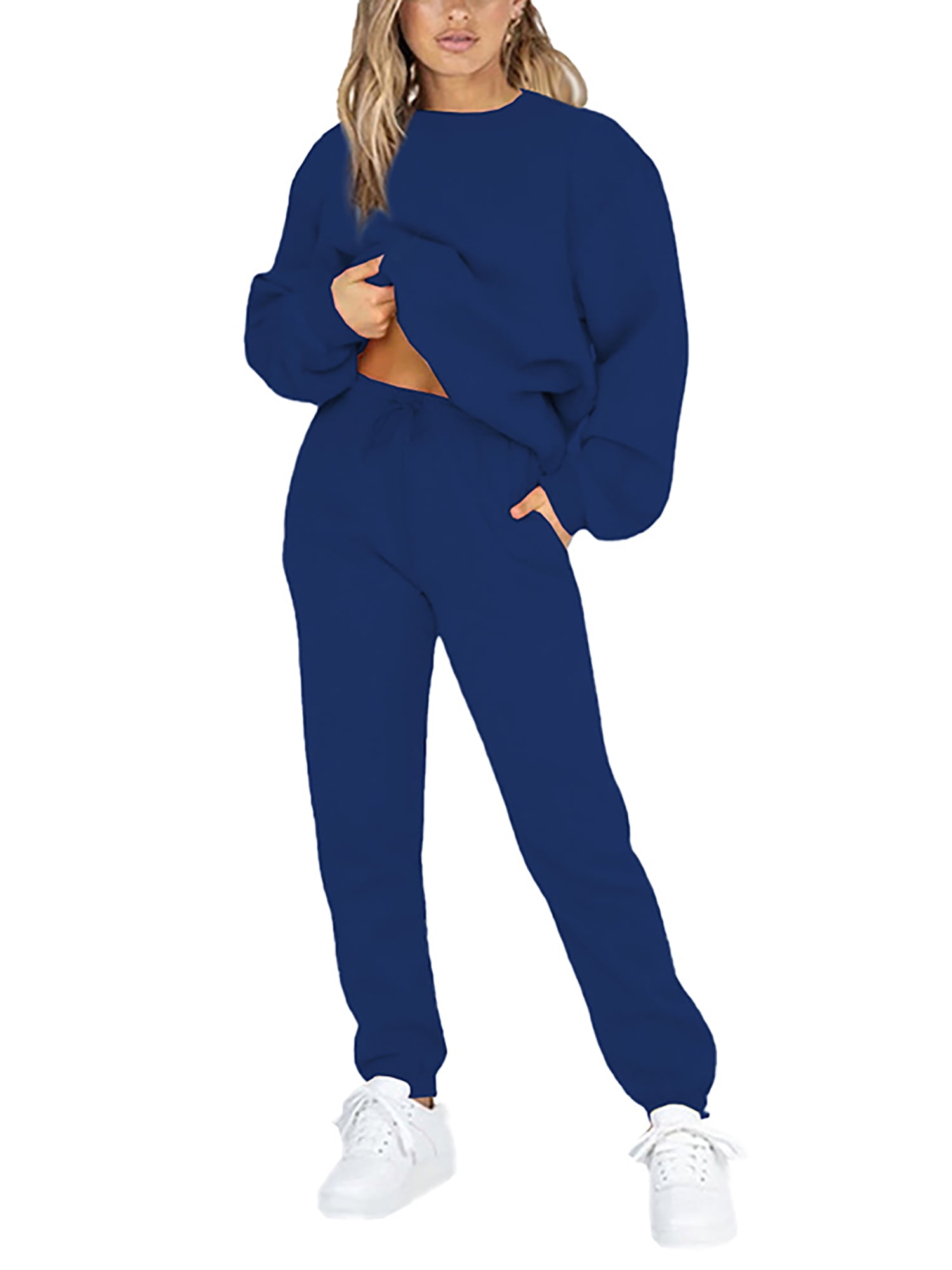 Frontwalk Jogging Suits For Womens 2 Piece Long Sleeve Sweat Suit Solid Color Winter Fleece Tracksuits Blue M
