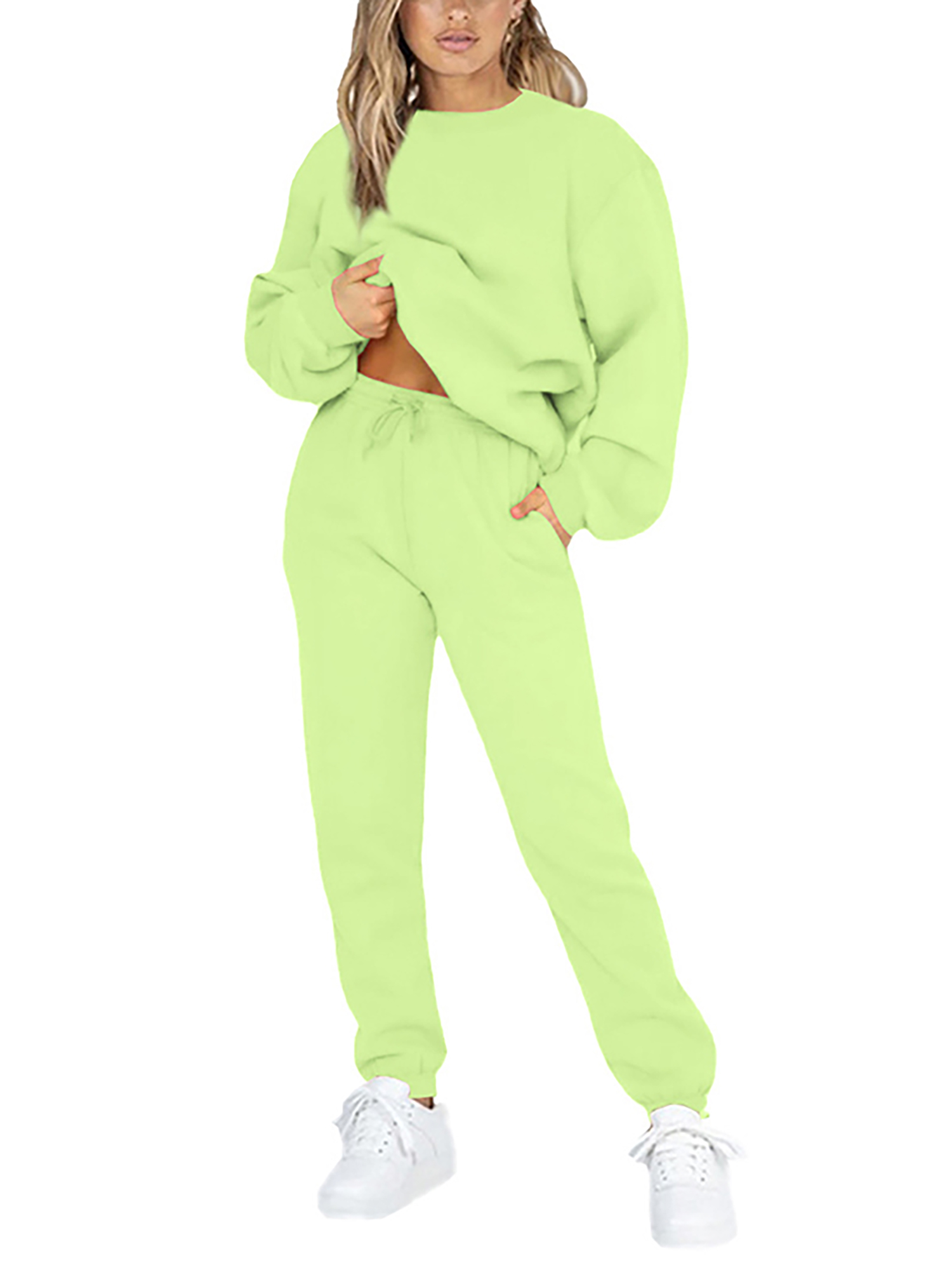 Frontwalk Jogging Suits For Womens 2 Piece Long Sleeve Sweat Suit Solid Color Winter Fleece Tracksuits Fluorescent Green M Walmart