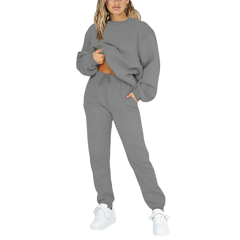 Frontwalk Jogging Suits For Womens 2 Piece Long Sleeve Sweat Suit Solid  Color Winter Fleece Tracksuits Grey 4XL 