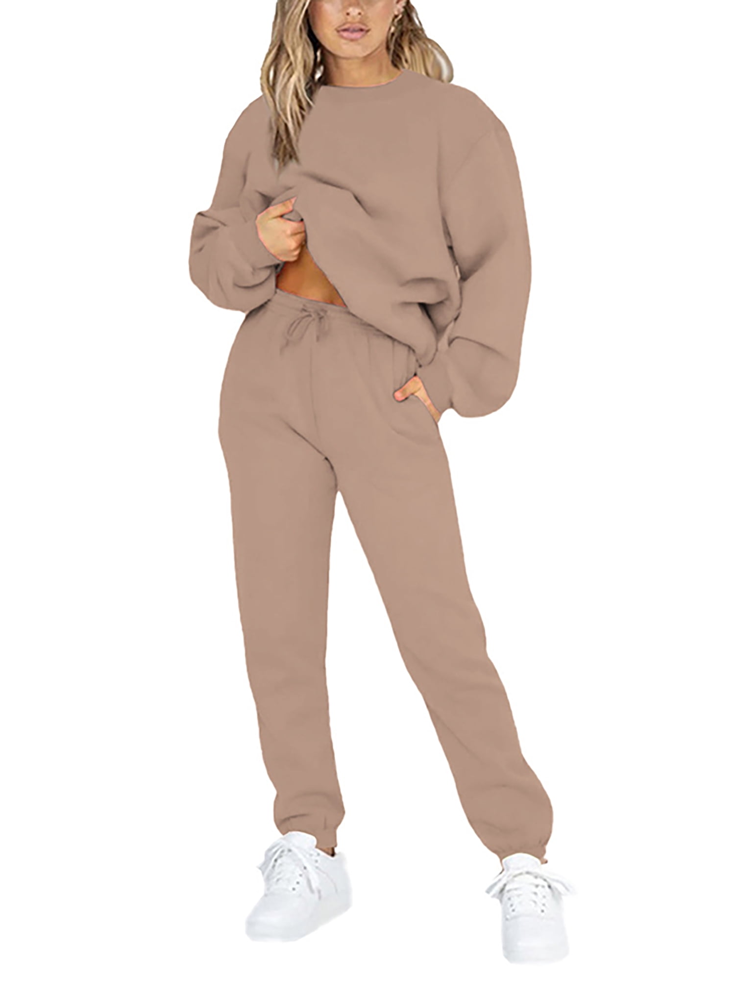 Frontwalk Jogging Suits For Womens 2 Piece Long Sleeve Sweat Suit Solid  Color Winter Fleece Tracksuits Khaki L