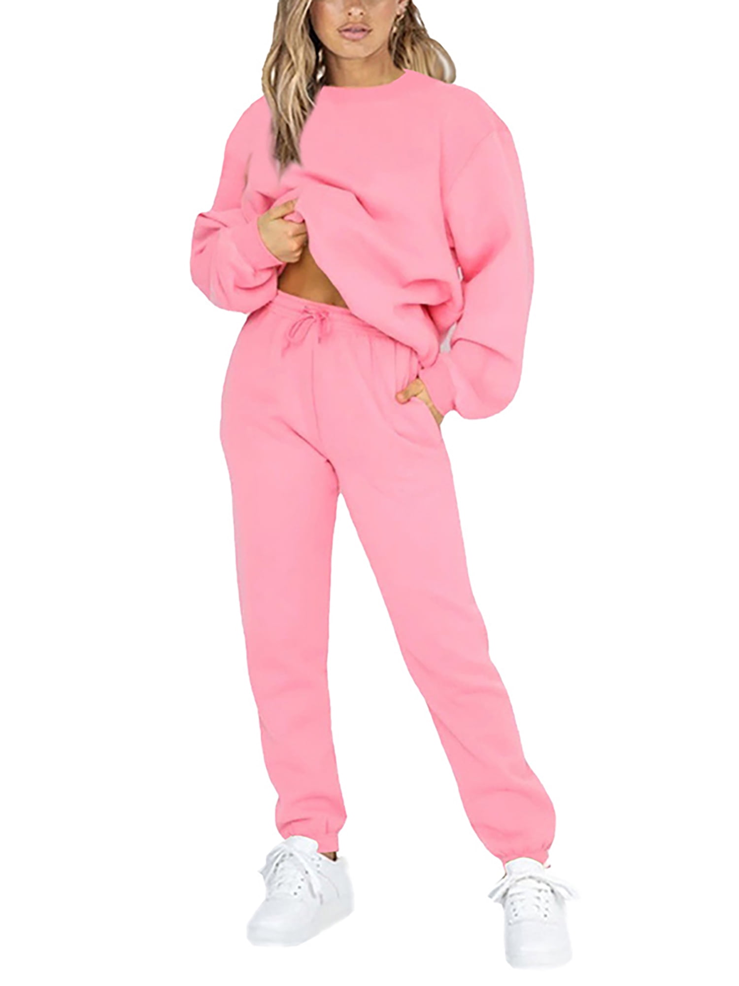 Frontwalk Jogging Suits For Womens 2 Piece Long Sleeve Sweat Suit Solid  Color Winter Fleece Tracksuits Pink 3XL