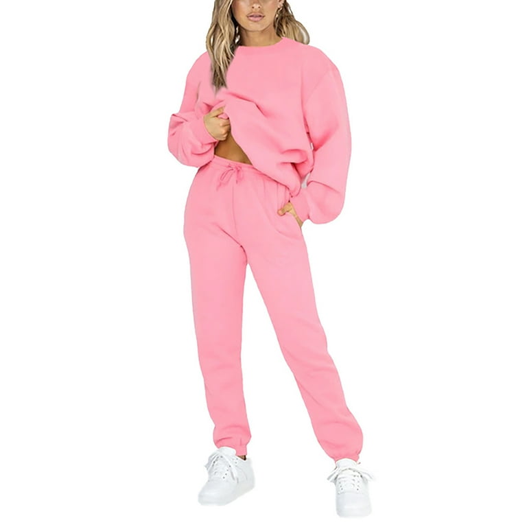 Frontwalk Jogging Suits For Womens 2 Piece Long Sleeve Sweat Suit Solid  Color Winter Fleece Tracksuits Pink 3XL 