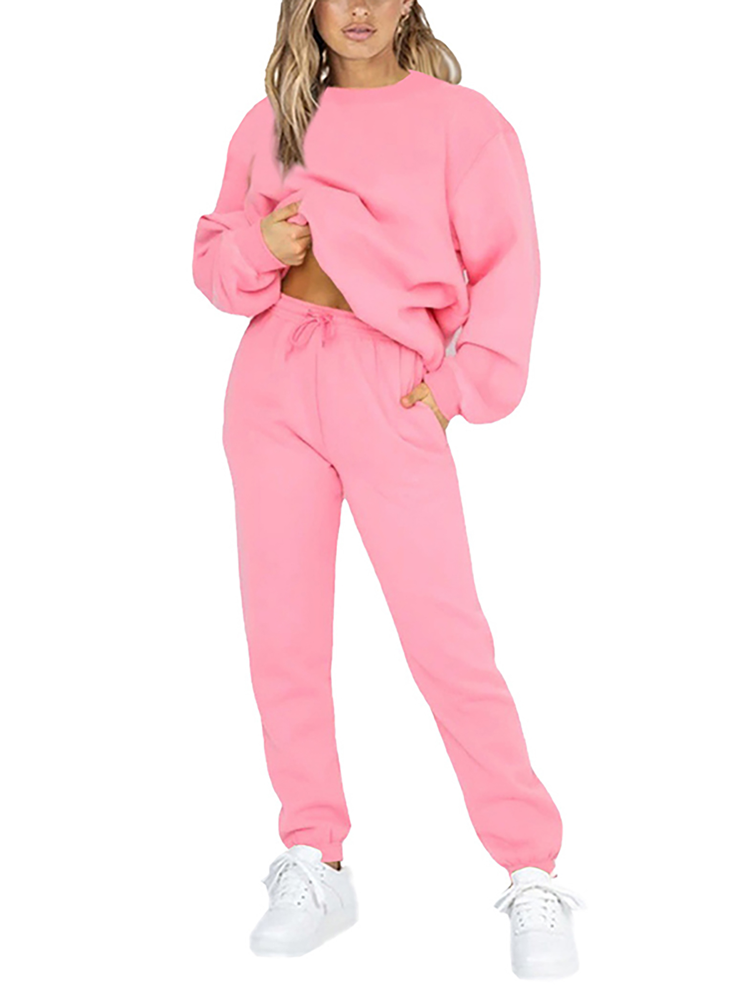 Frontwalk Jogging Suits For Womens 2 Piece Long Sleeve Sweat Suit Solid Color Winter Fleece Tracksuits Pink L