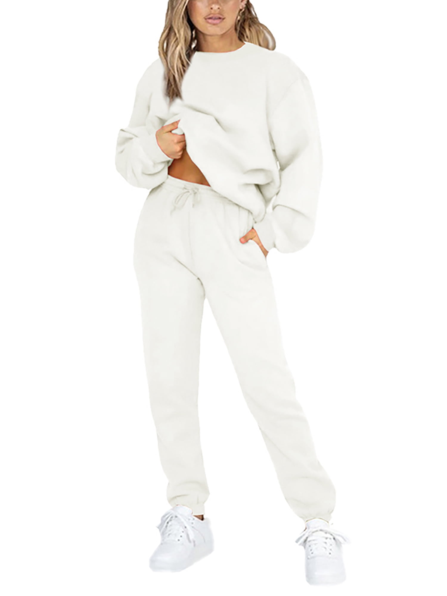 Frontwalk Jogging Suits For Womens 2 Piece Long Sleeve Sweat Suit Solid  Color Winter Fleece Tracksuits White 4XL