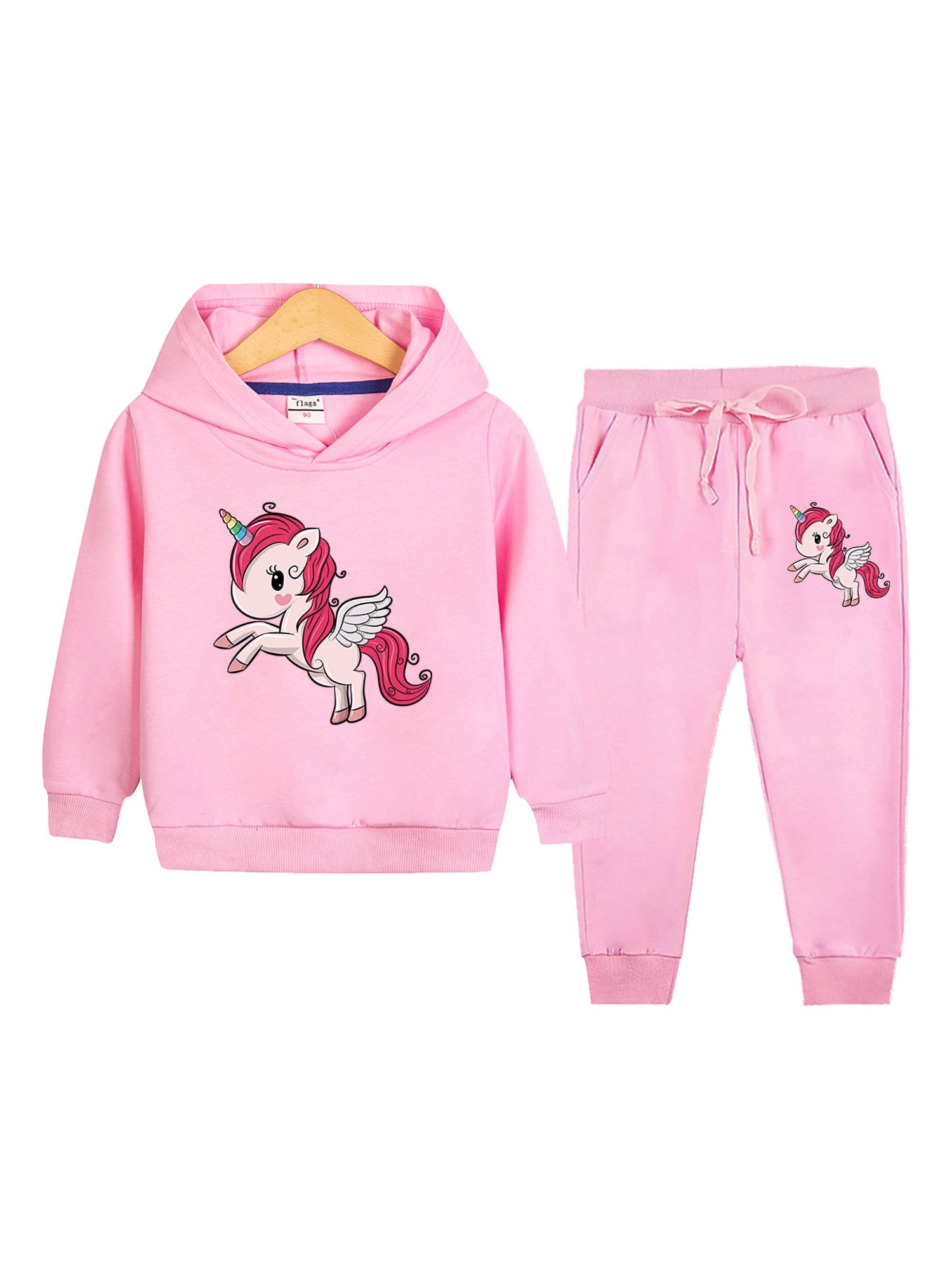 Frontwalk Kid Girl Lace Up Unicorn Print Sweatsuit Hooded Loose
