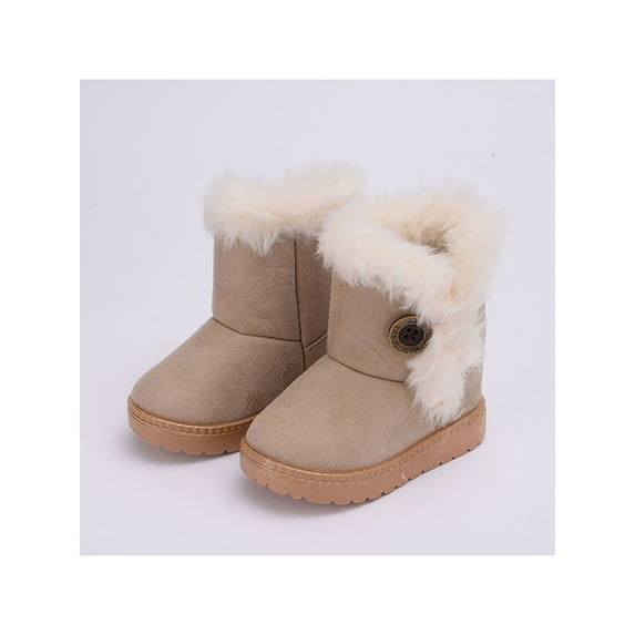 Frontwalk Kids Warm Ankle Booties Plush Collar Snow Boots Button Winter Boot Cold Weather Fuzzy Bootie Boys Mid Calf Outdoor Shoes Beige 6toddlers