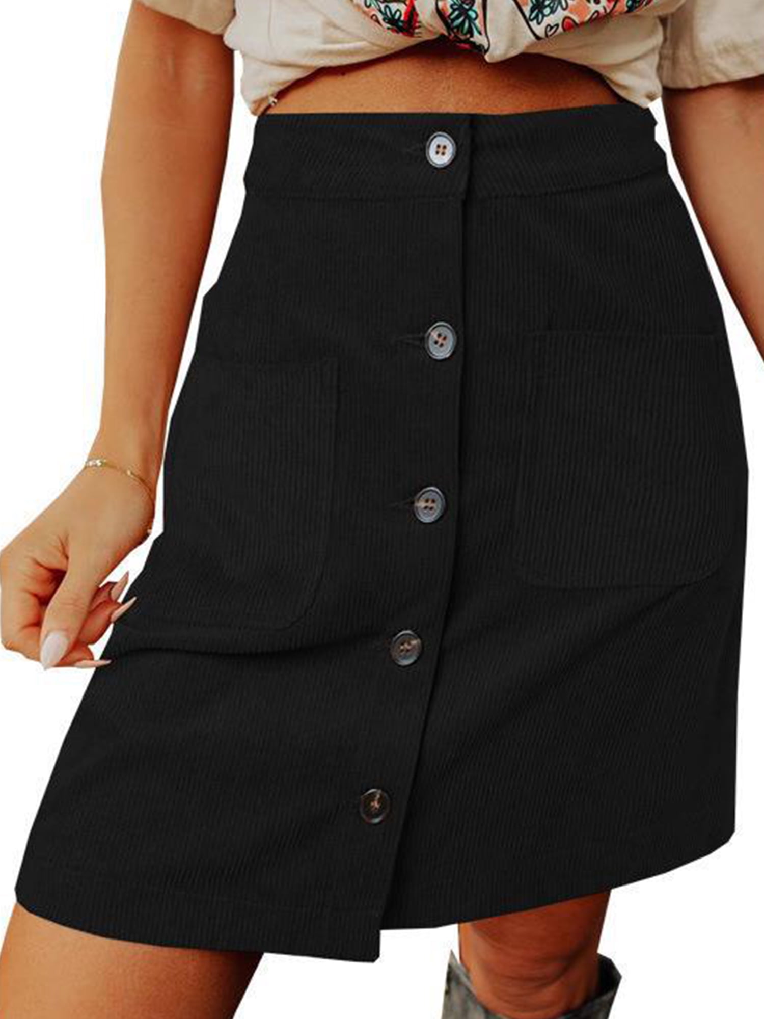 Frontwalk Ladies A line Corduroy Skirt Buttons Single Breasted Mini Skirts Women Casual Loose High Waist Work Skirts Black M Walmart