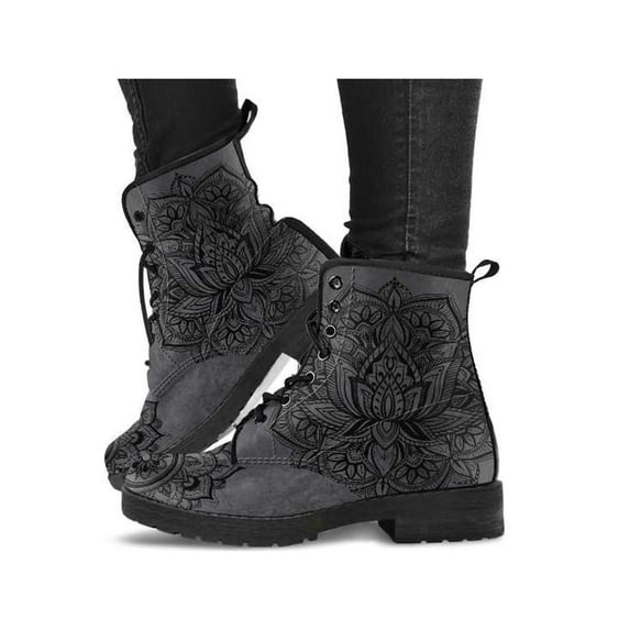 Frontwalk Ladies Ankle Boots Vintage Short Bootie Floral Leather Boot Work Waterproof Booties Women Lace Up Gray 7