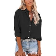 Frontwalk Ladies Baggy Lapel Neck Tunic Shirt Button Down Loose Shirts Women Turn Collar Holiday Blouse Black S